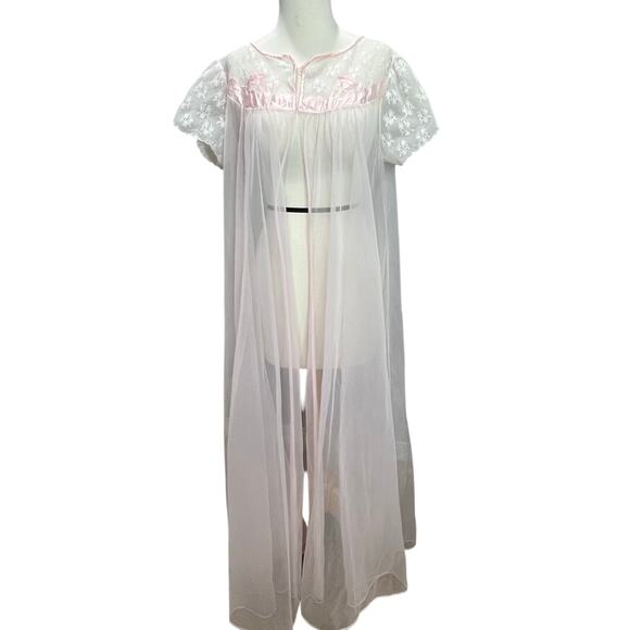 Vintage 60s 70s Peignoir Negligee L Pink Floral Nylon Lace Sheer Retro Feminine - Picture 1 of 13